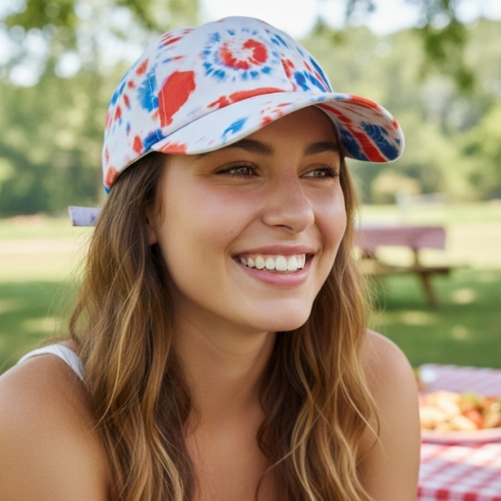 ​Patriotic Red White Blue Tie Dye Baseball Cap Hat Adjustable Strapback EUC